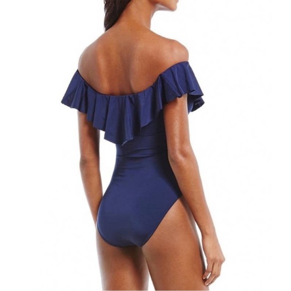 Trina Turk Off The Shoulder Ruffle One Piece Swimsuit Navy Blue 12 - Picture 2 of 8
